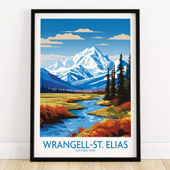 Wrangell-St. Elias National Park art print with snowy mountains and river, in black frame on wooden floor.