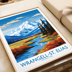 Framed Wrangell-St. Elias National Park art print with mountain and river landscape