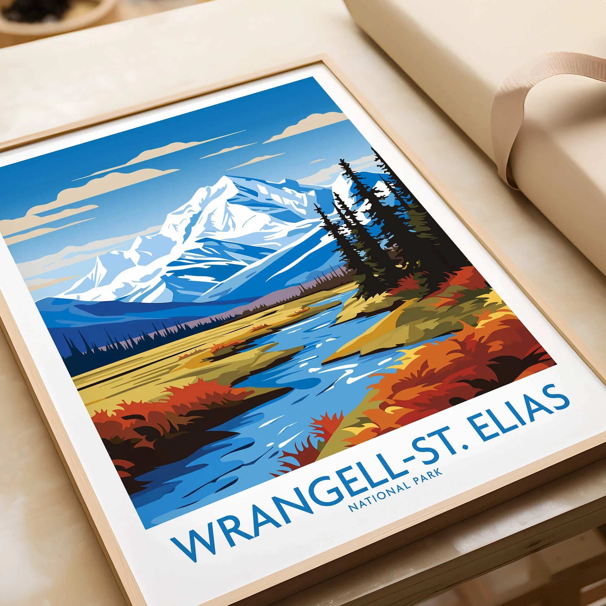 Framed Wrangell-St. Elias National Park art print with mountain and river landscape