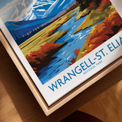 Wrangell-St. Elias National Park canvas print with mountain and river landscape in natural wood frame