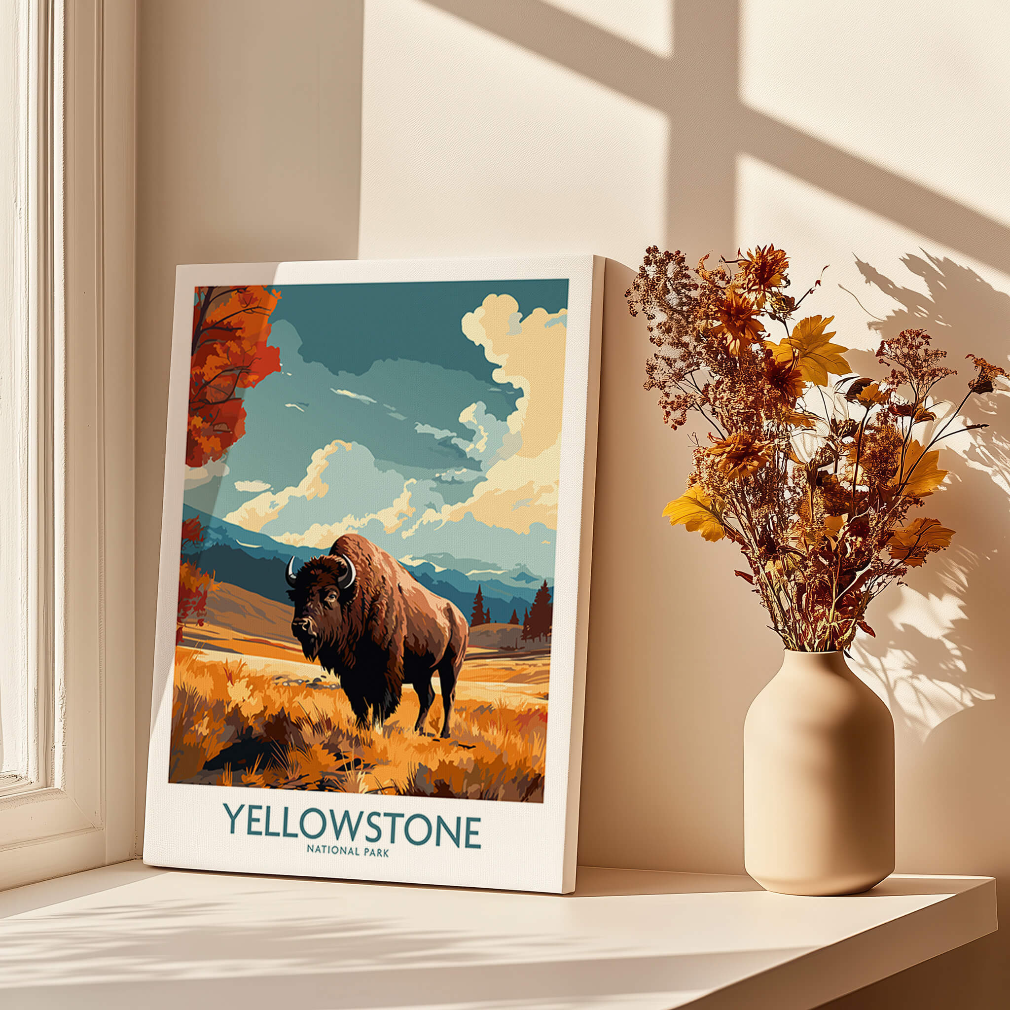 Yellowstone Poster | National Park featuring a majestic bison in stunning landscape near a window with flowers.