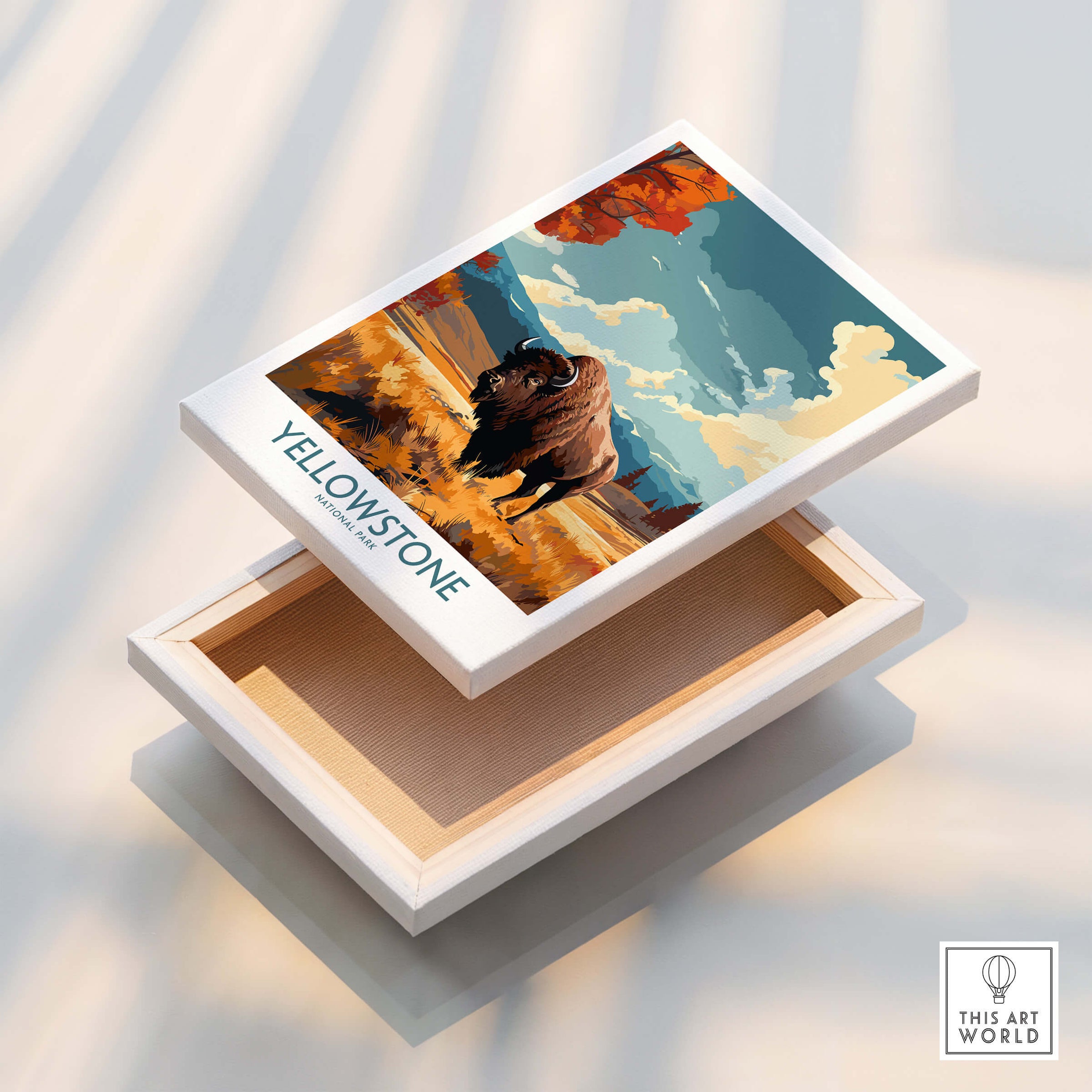 Yellowstone Poster | National Park featuring a bison on a decorative box, perfect for gifts and home decor.