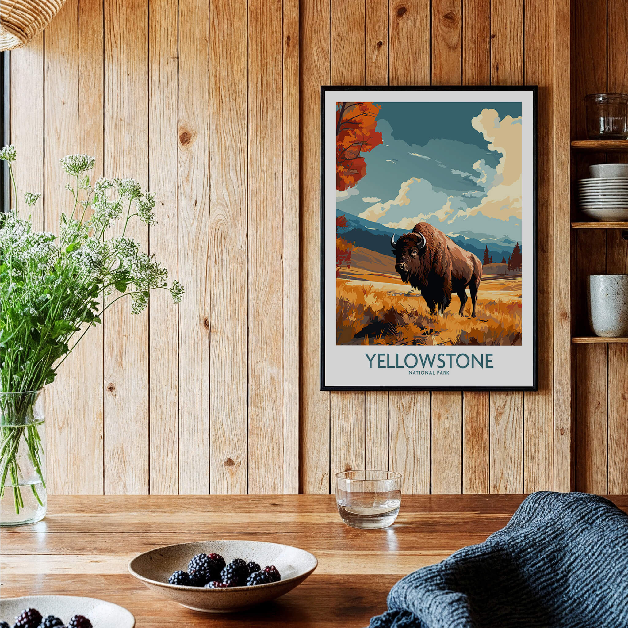 Yellowstone Poster | National Park featuring a majestic bison against a vibrant landscape, perfect for home decor.