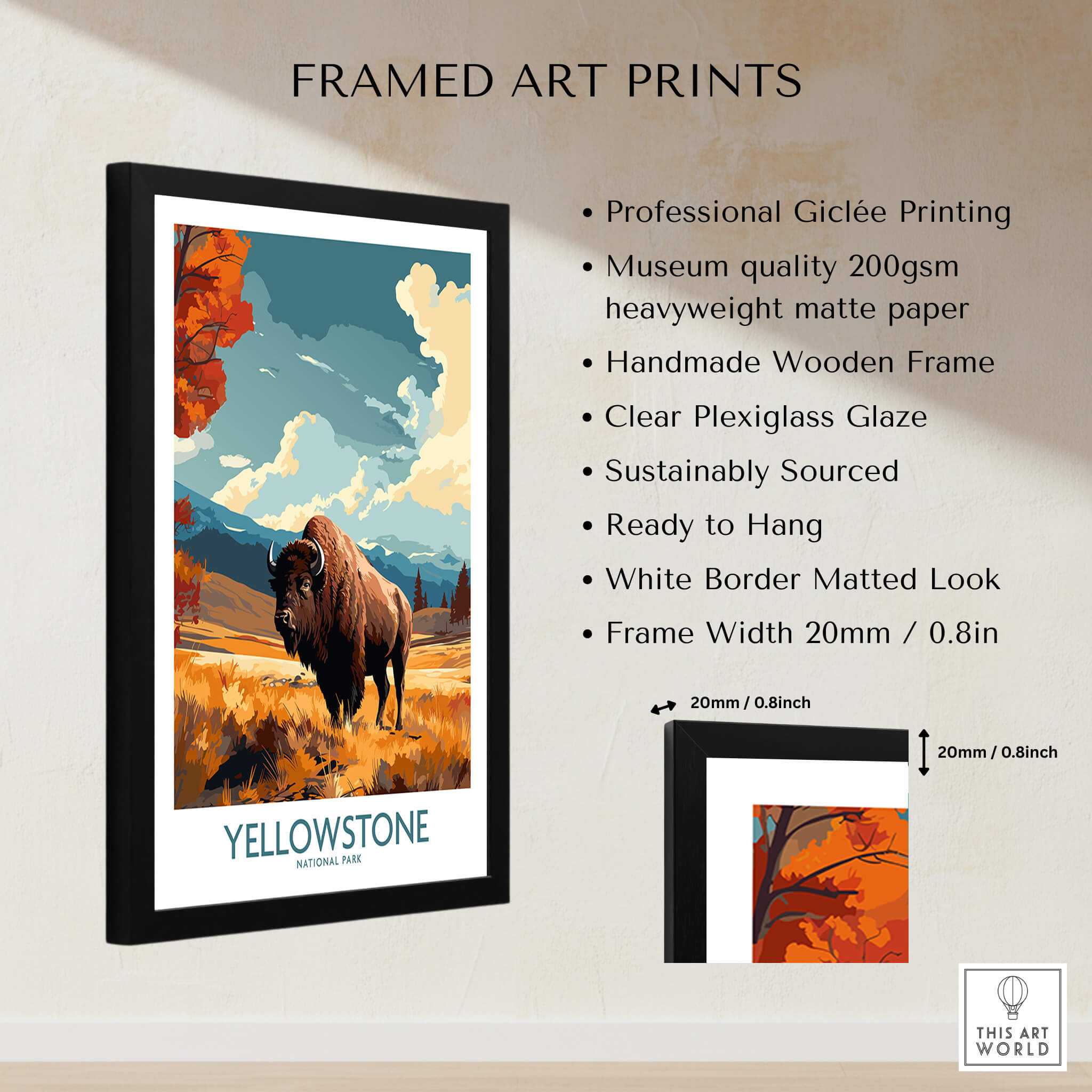 Yellowstone Poster | National Park featuring a bison in a vibrant landscape, framed and ready to hang.