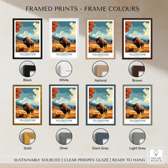 Yellowstone Poster | National Park framed print options in various colors including black, white, natural, brown, gold, silver, dark grey, and light grey.