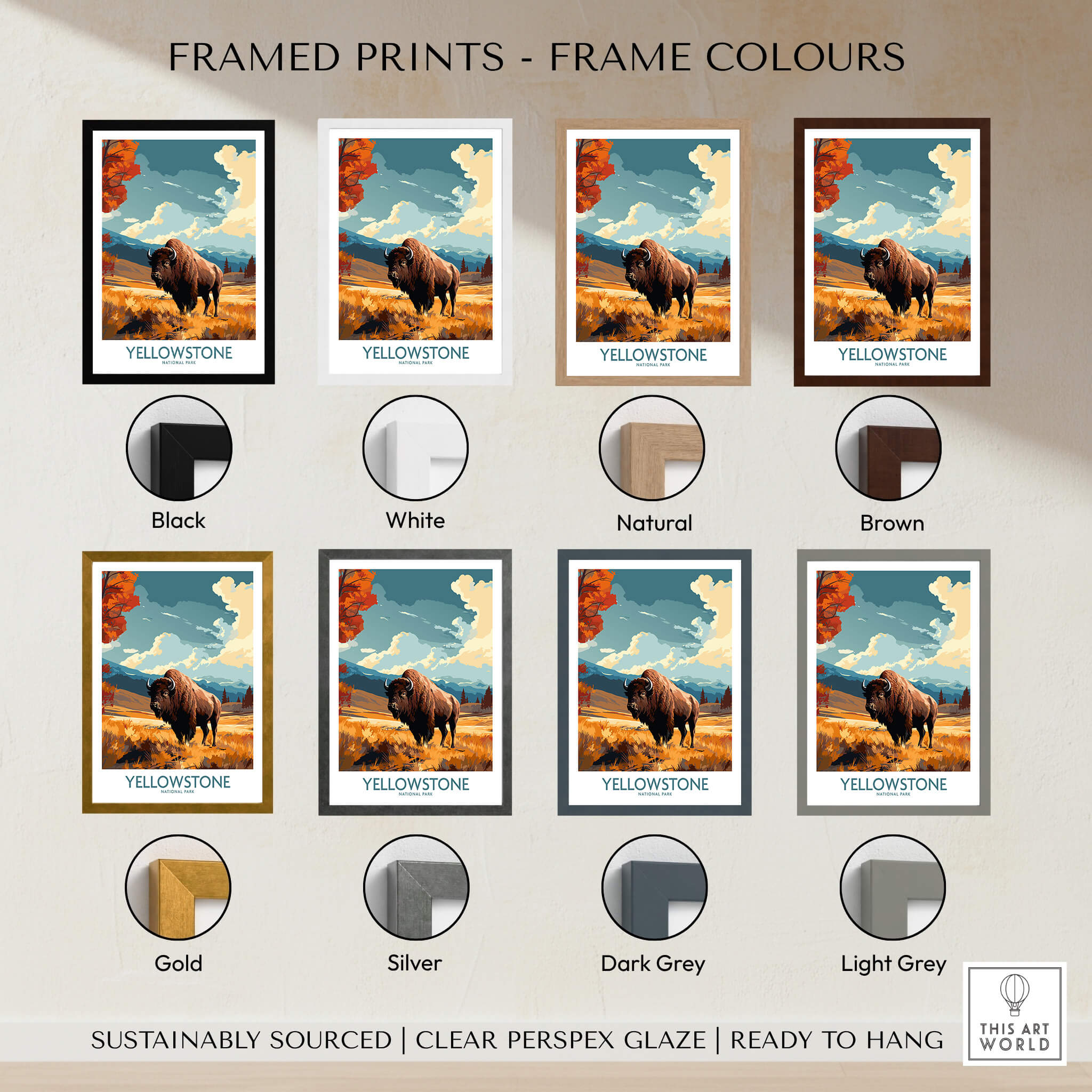Yellowstone Poster | National Park framed print options in various colors including black, white, natural, brown, gold, silver, dark grey, and light grey.