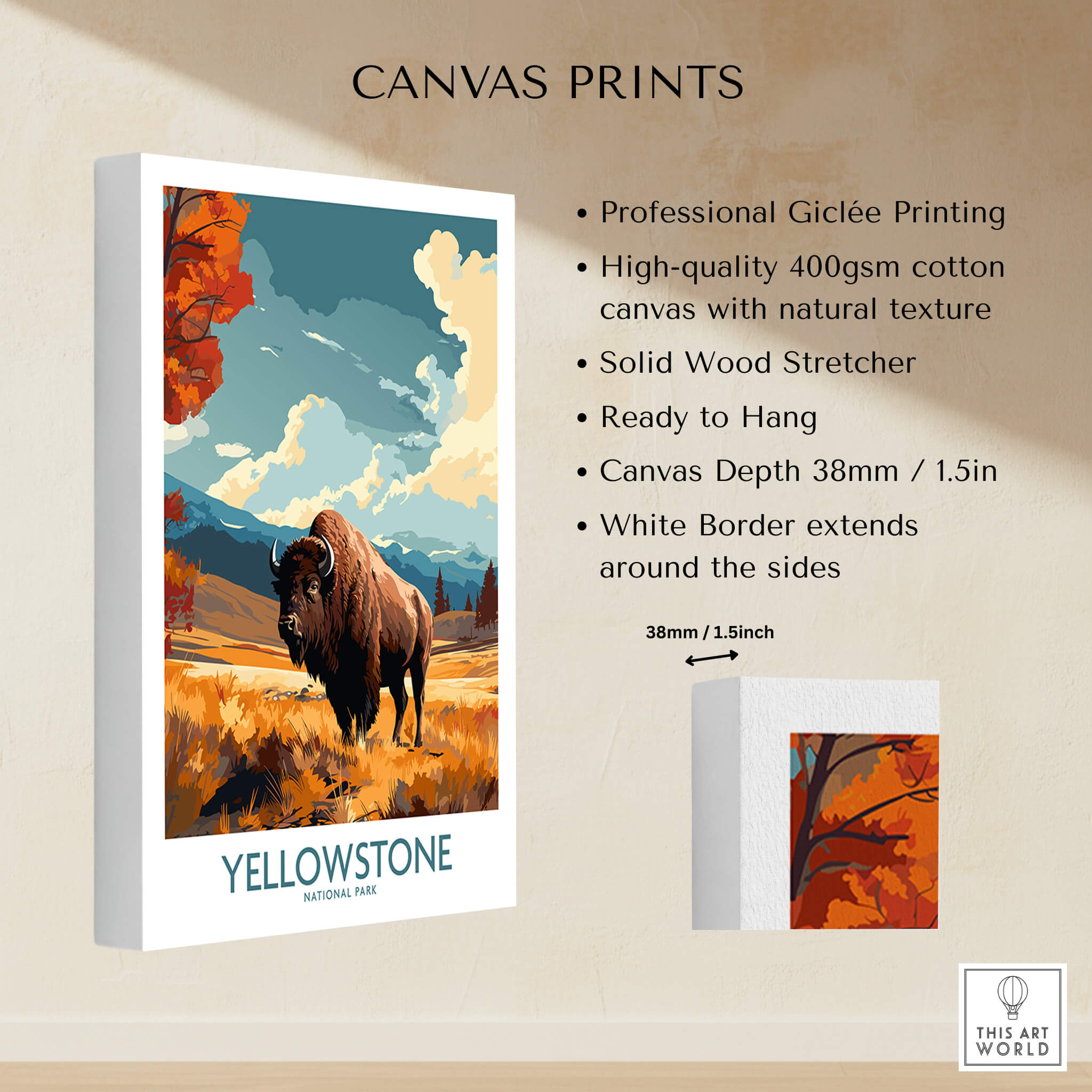 Yellowstone Poster | National Park showcasing a majestic bison in a vibrant landscape, perfect for home decor.