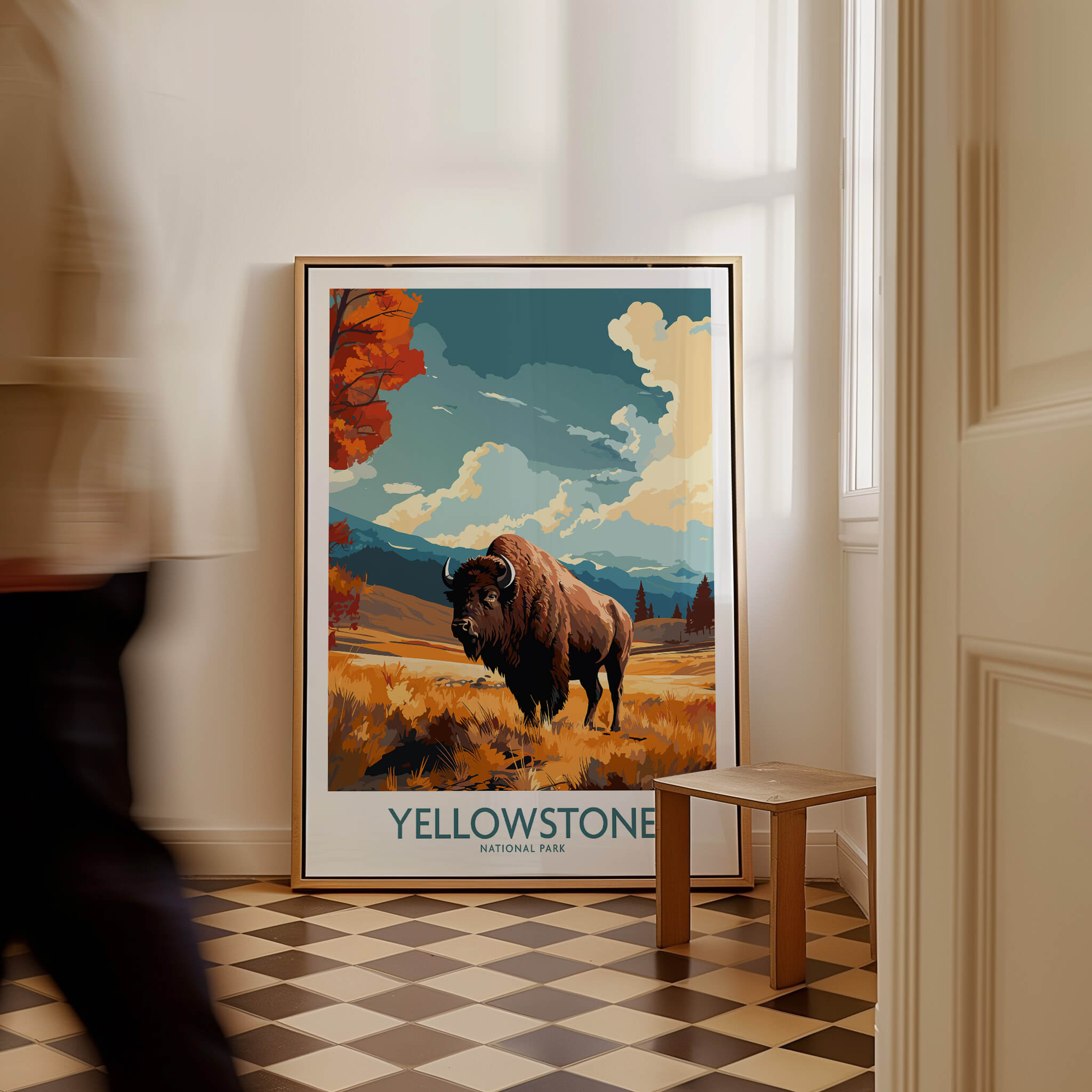 Yellowstone Poster | National Park showcasing a majestic bison in a vibrant landscape, perfect for home decor.