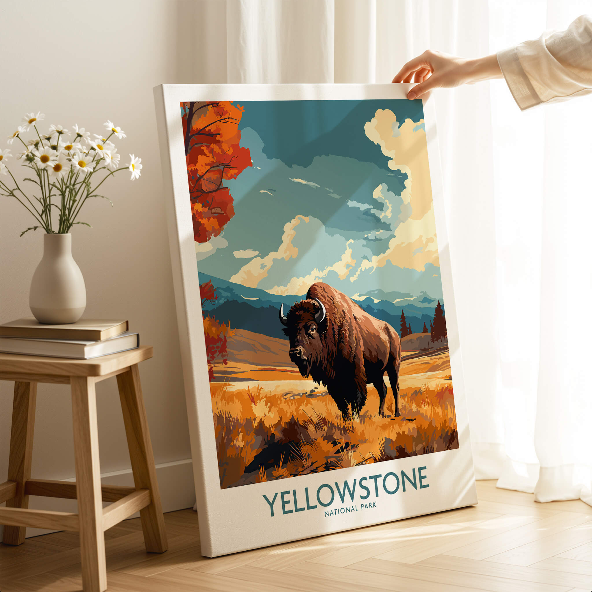 Yellowstone Poster | National Park featuring a bison in a vibrant landscape, perfect for home decor.