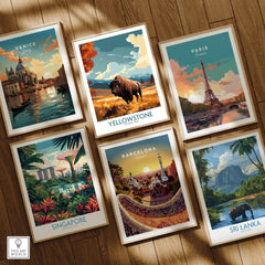 Yellowstone Poster | National Park among other travel posters showcasing Venice, Paris, Singapore, Barcelona, and Sri Lanka.