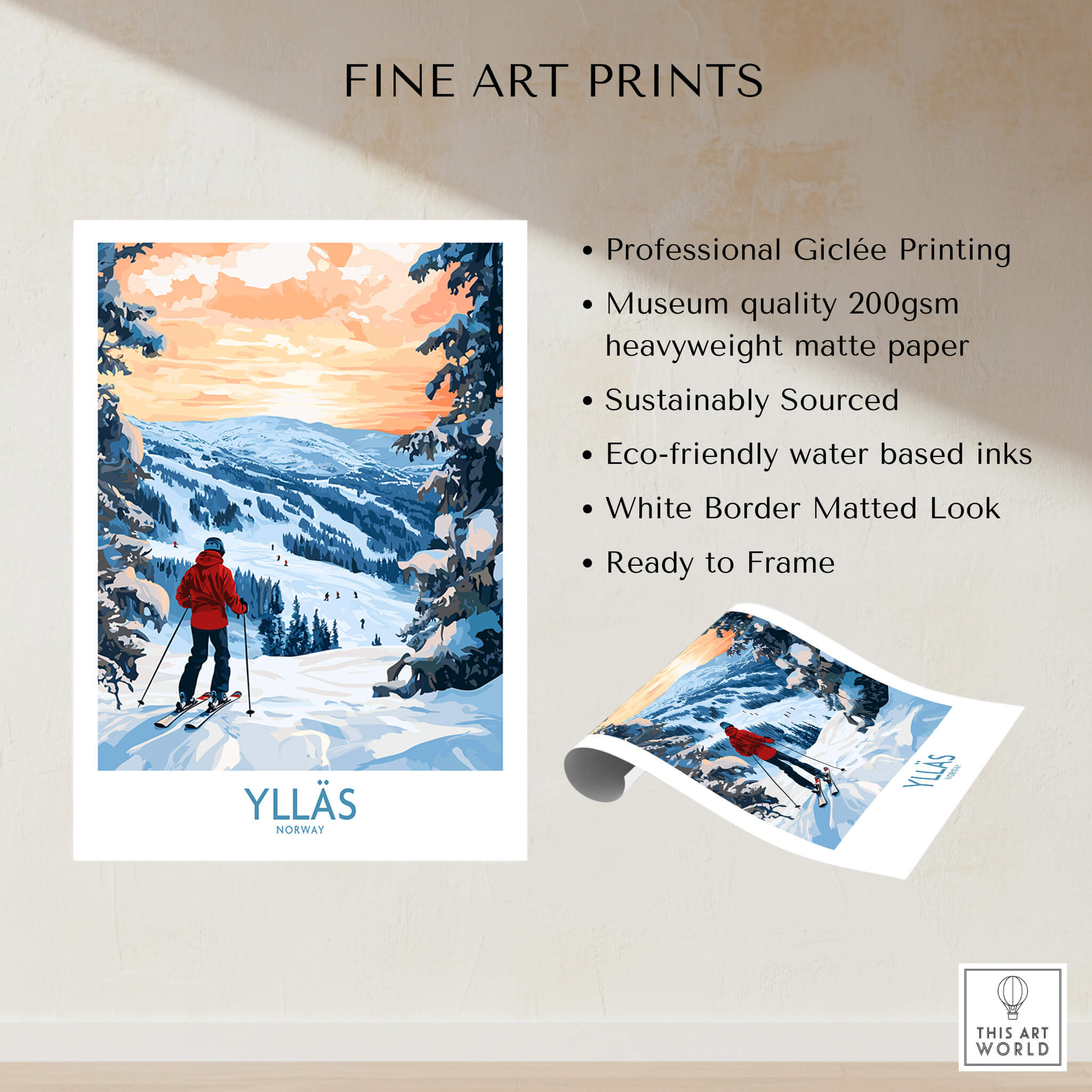 Ylläs Norway Wall Art | Skiing on Slopes Illustration