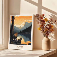 Yoho National Park art print with bears and mountain lake, displayed by window with dried flowers