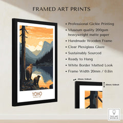 Framed Yoho National Park art print with bears, lake, mountain landscape, print details