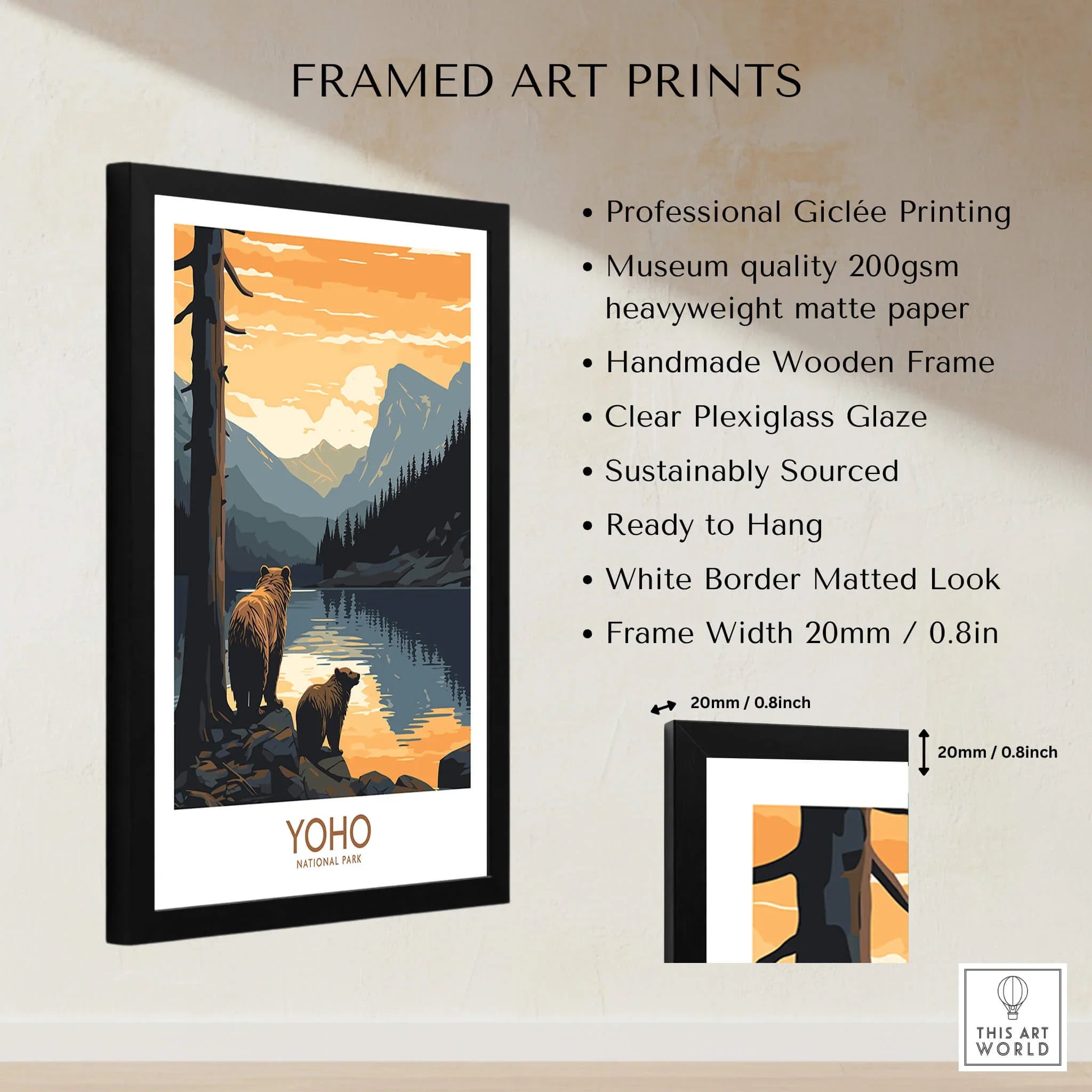 Framed Yoho National Park art print with bears, lake, mountain landscape, print details