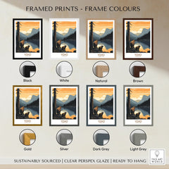 Yoho National Park framed art print with bear, lake, and mountain landscape in eight frame colors: black, white, natural, brown, gold, silver, dark grey, and light grey.