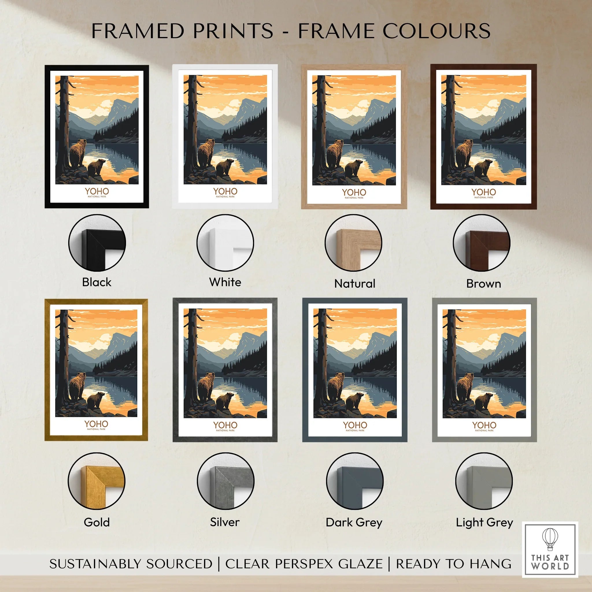 Yoho National Park framed art print with bear, lake, and mountain landscape in eight frame colors: black, white, natural, brown, gold, silver, dark grey, and light grey.