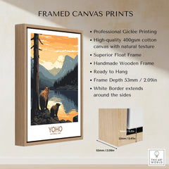 Framed canvas print of Yoho National Park with bears by a lake at sunset, handmade wooden float frame