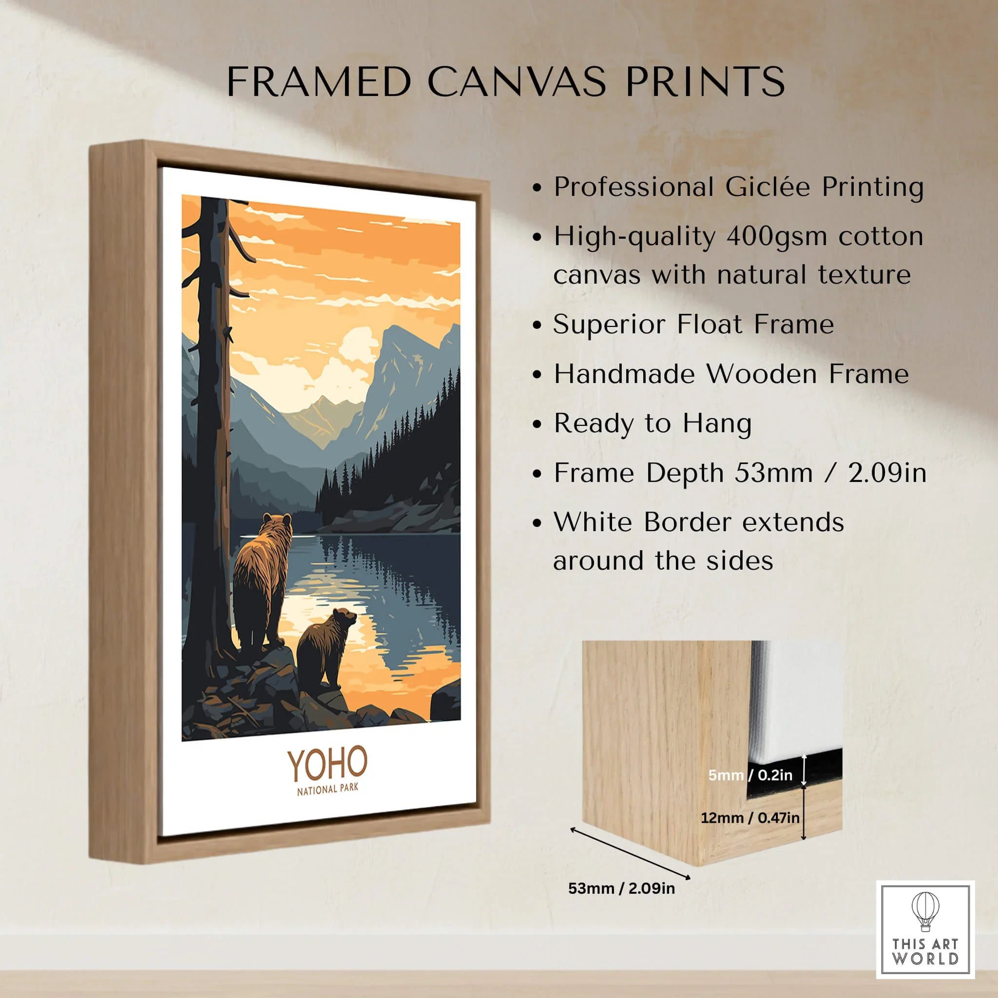 Framed canvas print of Yoho National Park with bears by a lake at sunset, handmade wooden float frame