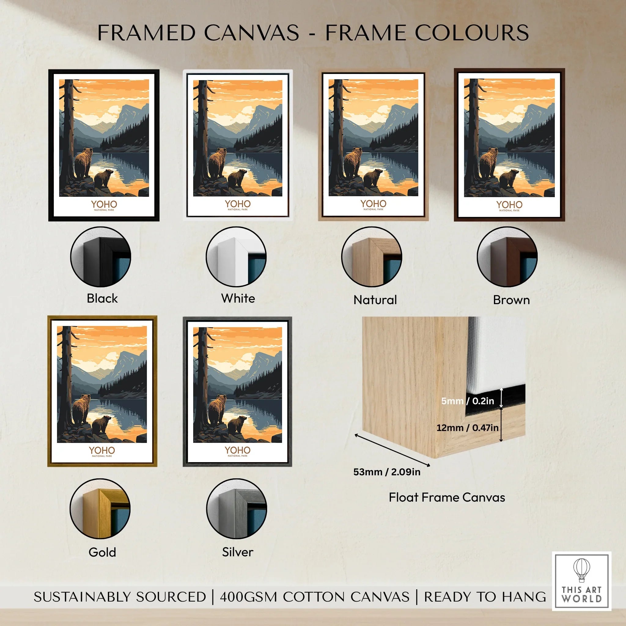 National Park landscape wall art showing bear by lake, displayed in six float frame color options: black, white, natural, brown, gold, and silver.