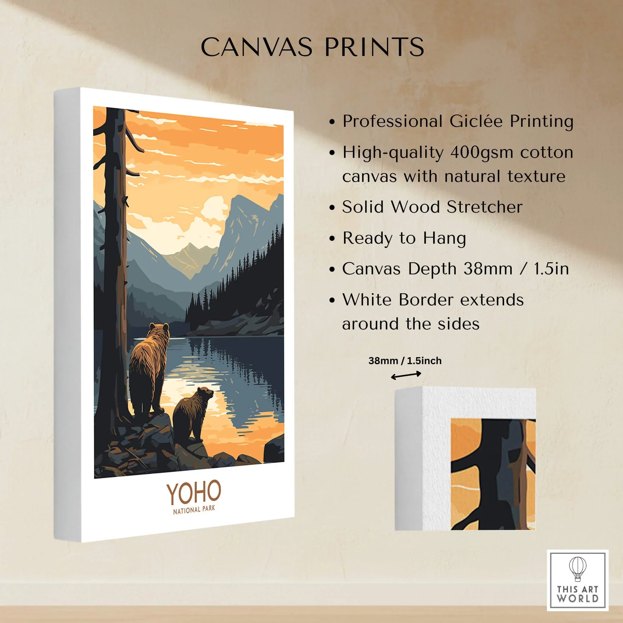 Yoho National Park canvas print with bears, mountain landscape, and sunset details