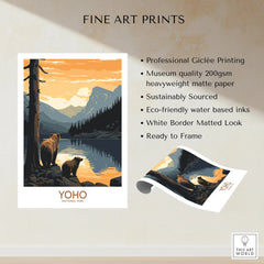 Yoho National Park print with bears by a lake, mountain landscape, fine art wall decor