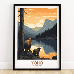 Yoho National Park art print with bears by a lake, mountains and pine trees, in black frame.