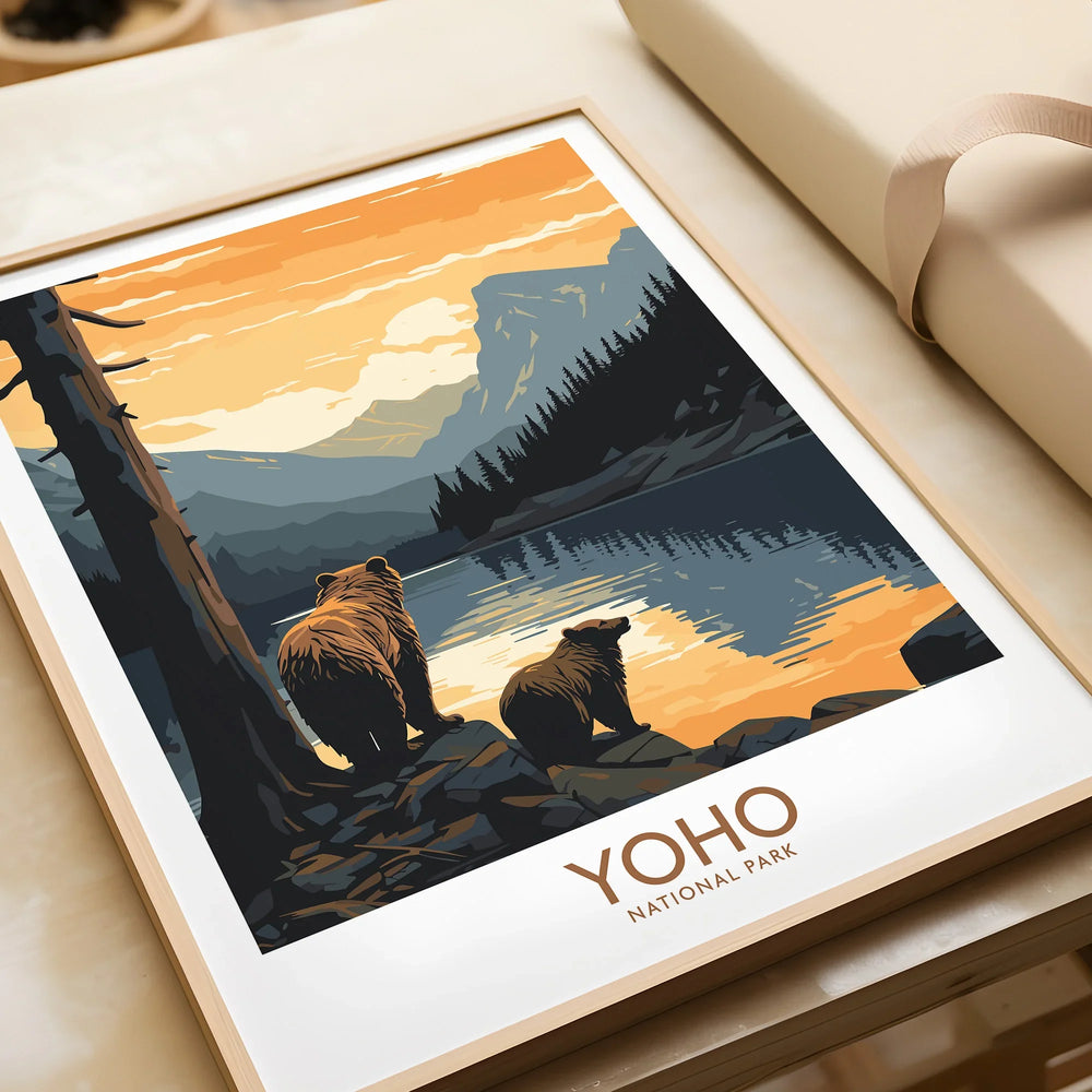Framed Yoho National Park art print with bears, lake, and mountain landscape at sunset