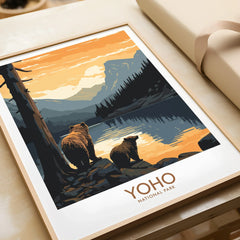 Framed Yoho National Park art print with bears, lake, and mountain landscape at sunset