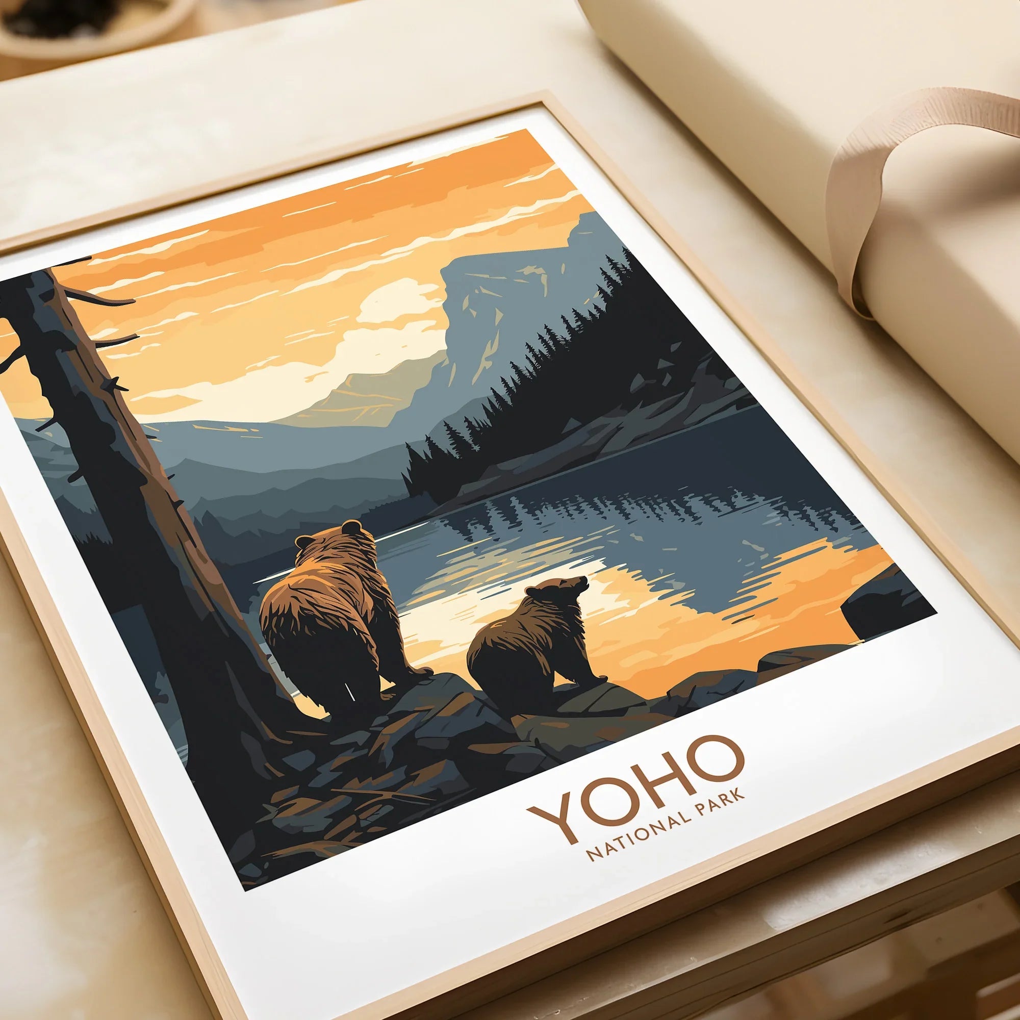 Framed Yoho National Park art print with bears, lake, and mountain landscape at sunset