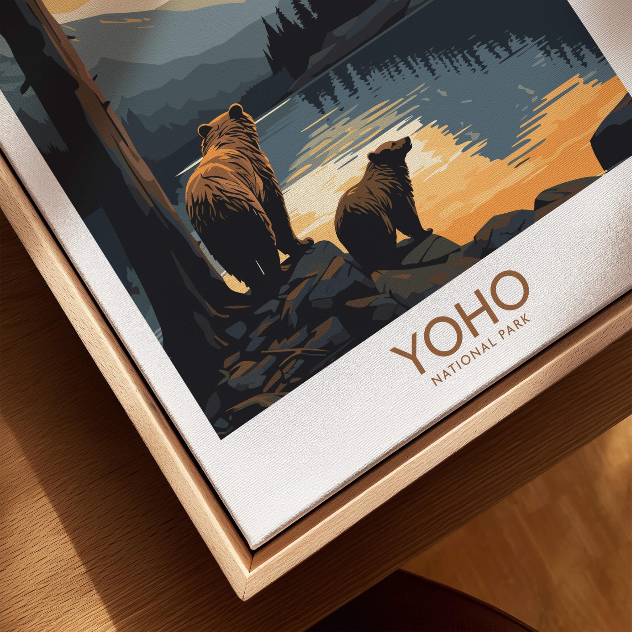Yoho National Park art print with bears by lakeside in natural wood floating frame