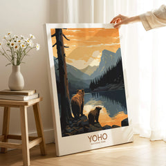 Yoho National Park wall art print with bears by a lake in a cozy room setting
