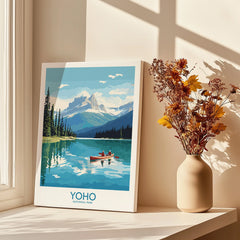 Yoho National Park art print with mountain lake scene, displayed by a sunlit window with dried flowers