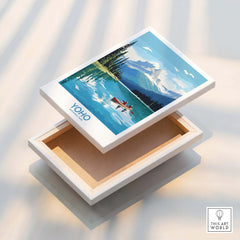 Yoho National Park wall art print with lake, canoe, pine trees, and mountains on canvas.