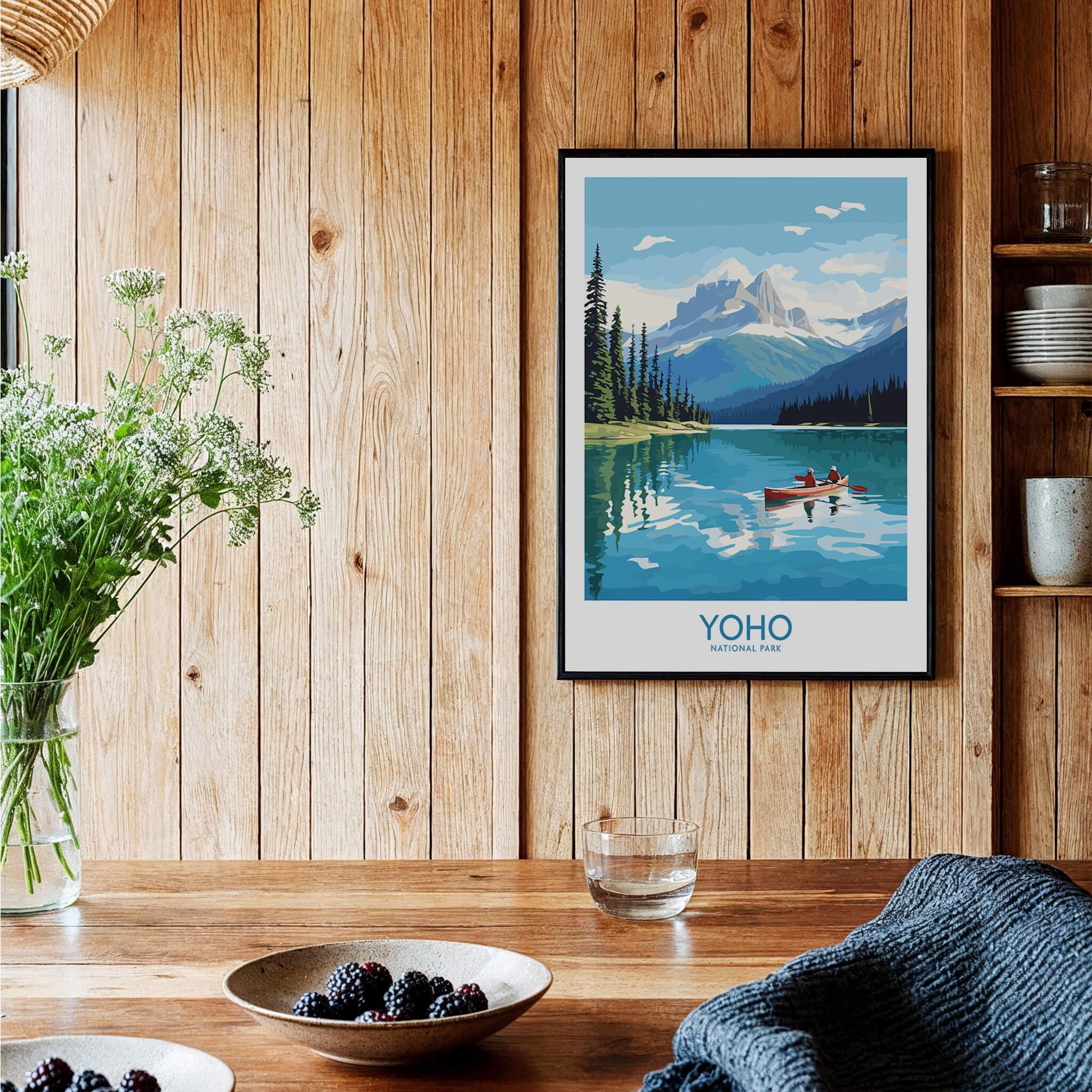 Yoho National Park framed art print in cozy kitchen with rustic wood panel walls