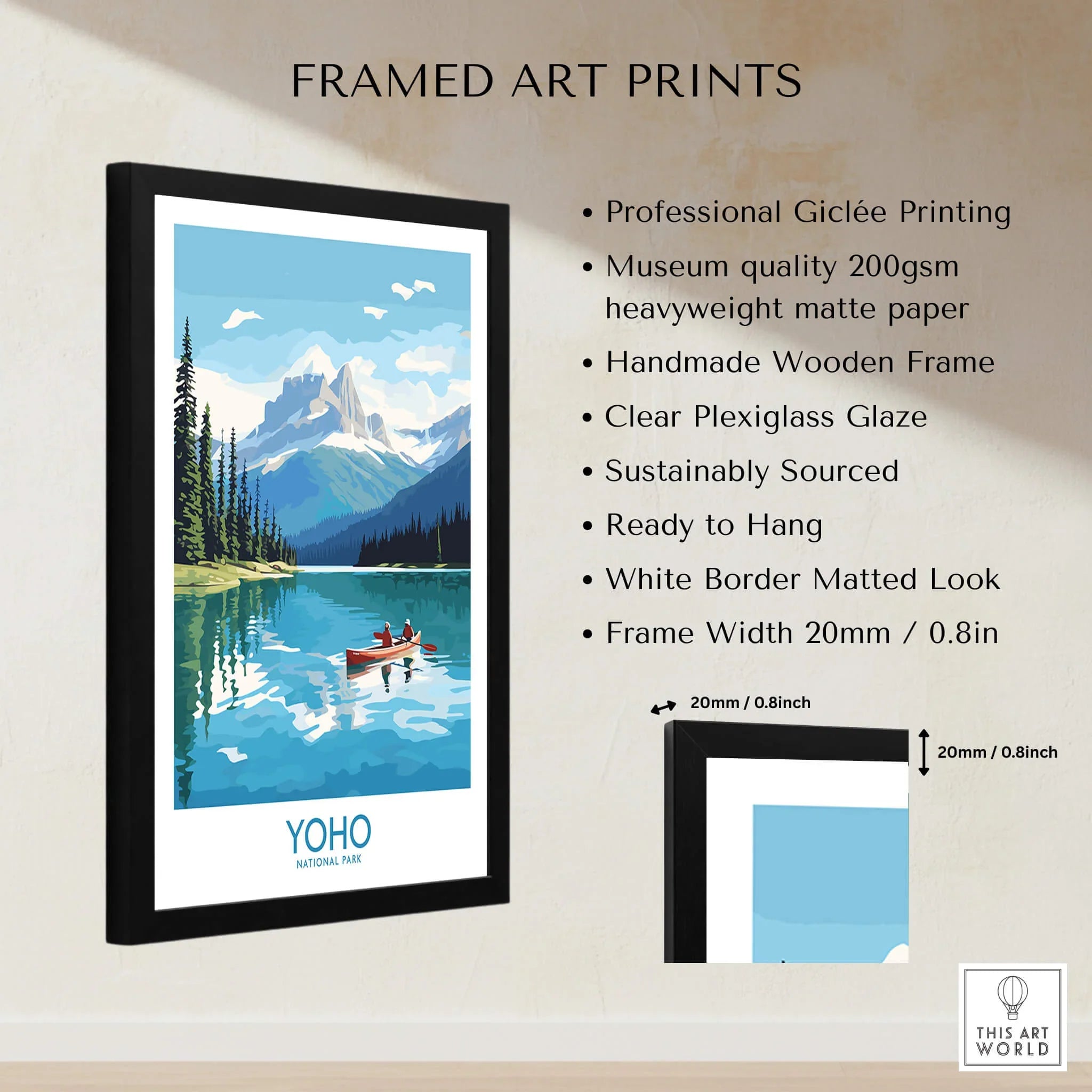 Framed Yoho National Park art print with mountain lake scene, quality and size details listed.