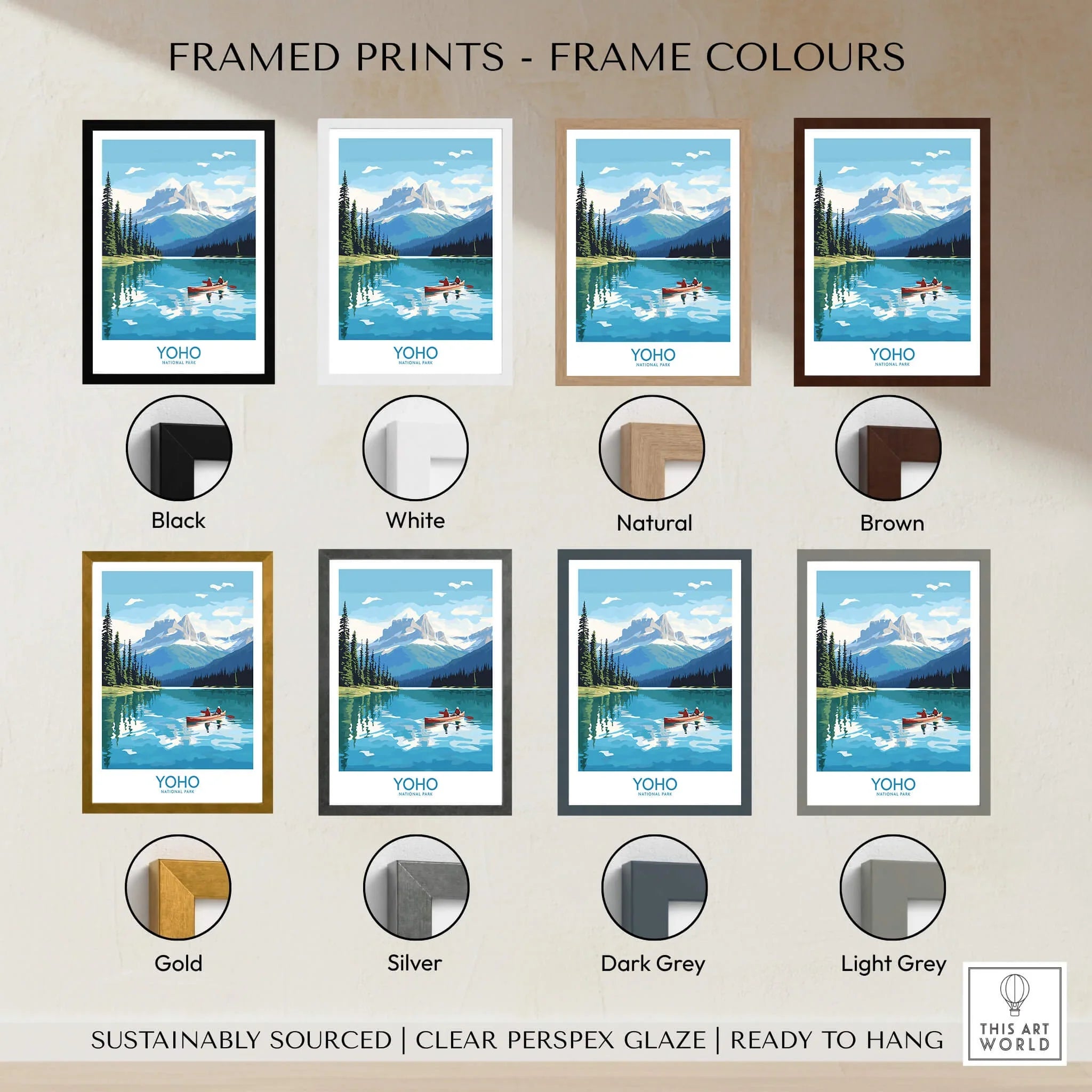 Framed Yoho National Park print with lake, mountains, and canoe, shown in eight frame colors