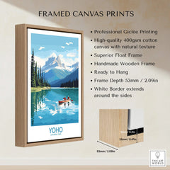 Framed canvas print of Yoho National Park lake scene with mountains and canoe, float frame details shown