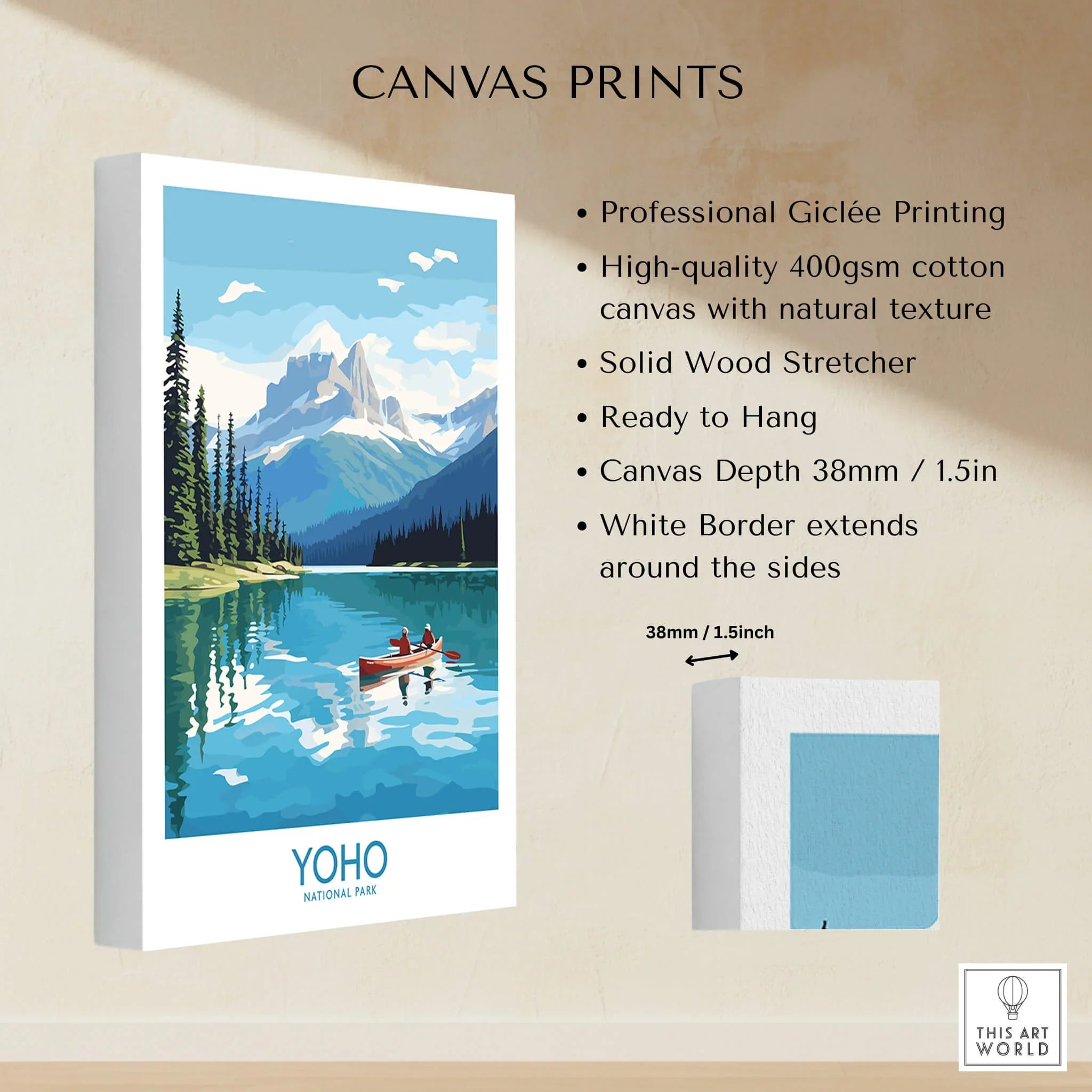 Yoho National Park canvas print with mountain lake illustration and product details.