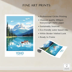 Yoho National Park art print showing a mountain lake, pine trees, and two people canoeing.