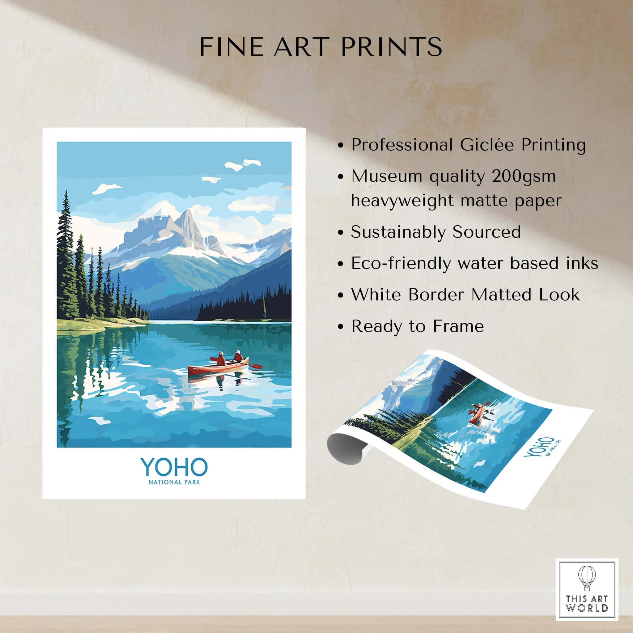 Yoho National Park art print showing a mountain lake, pine trees, and two people canoeing.