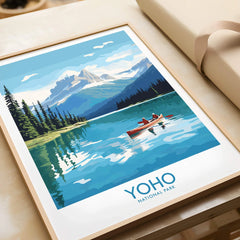 Yoho National Park framed art print with canoe on mountain lake, gift unwrapped