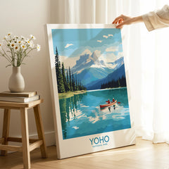 Yoho National Park art print with lake, mountains, canoe, in modern home decor setting