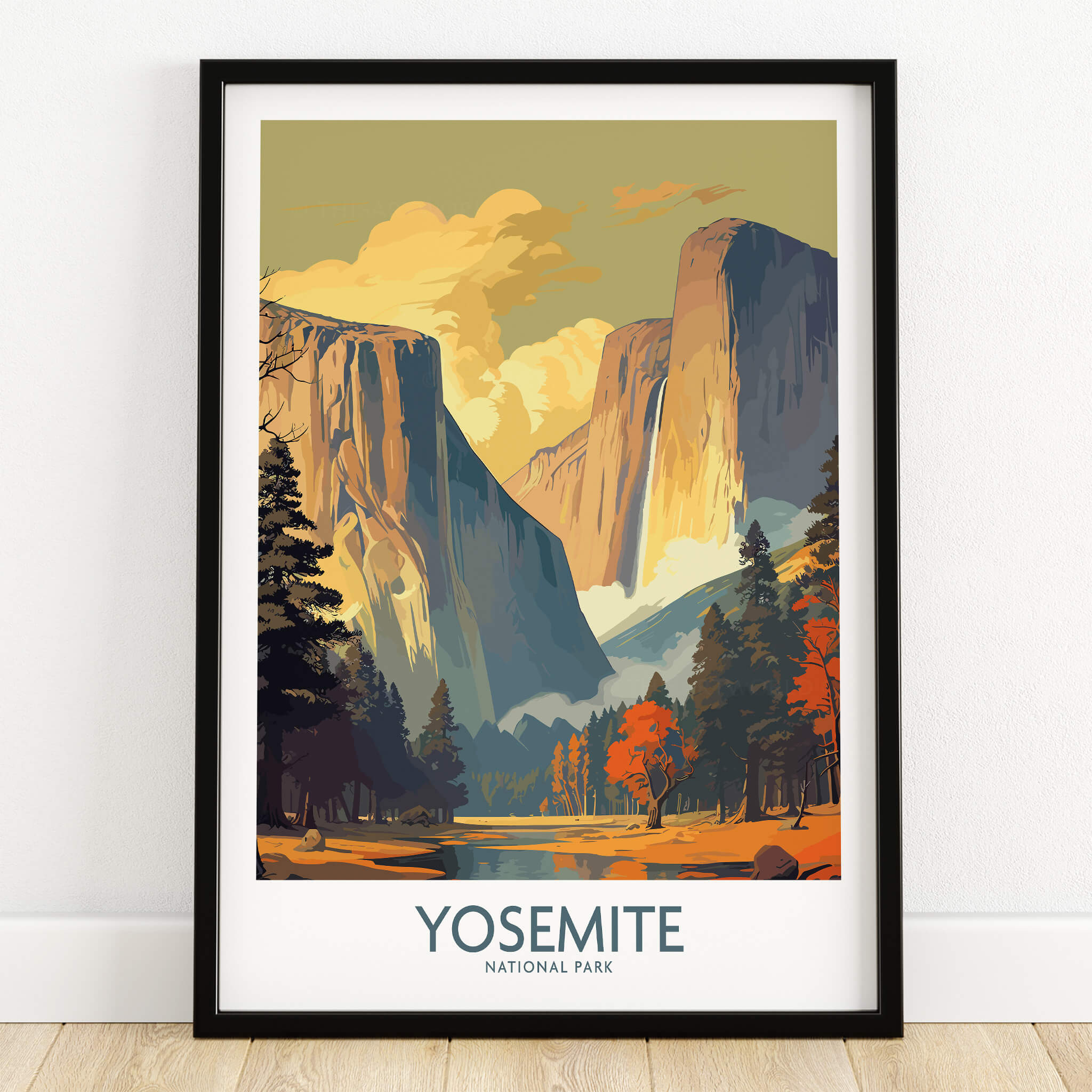 Yosemite Wall Art featuring a scenic view of Yosemite National Park with majestic cliffs and vibrant autumn colors.
