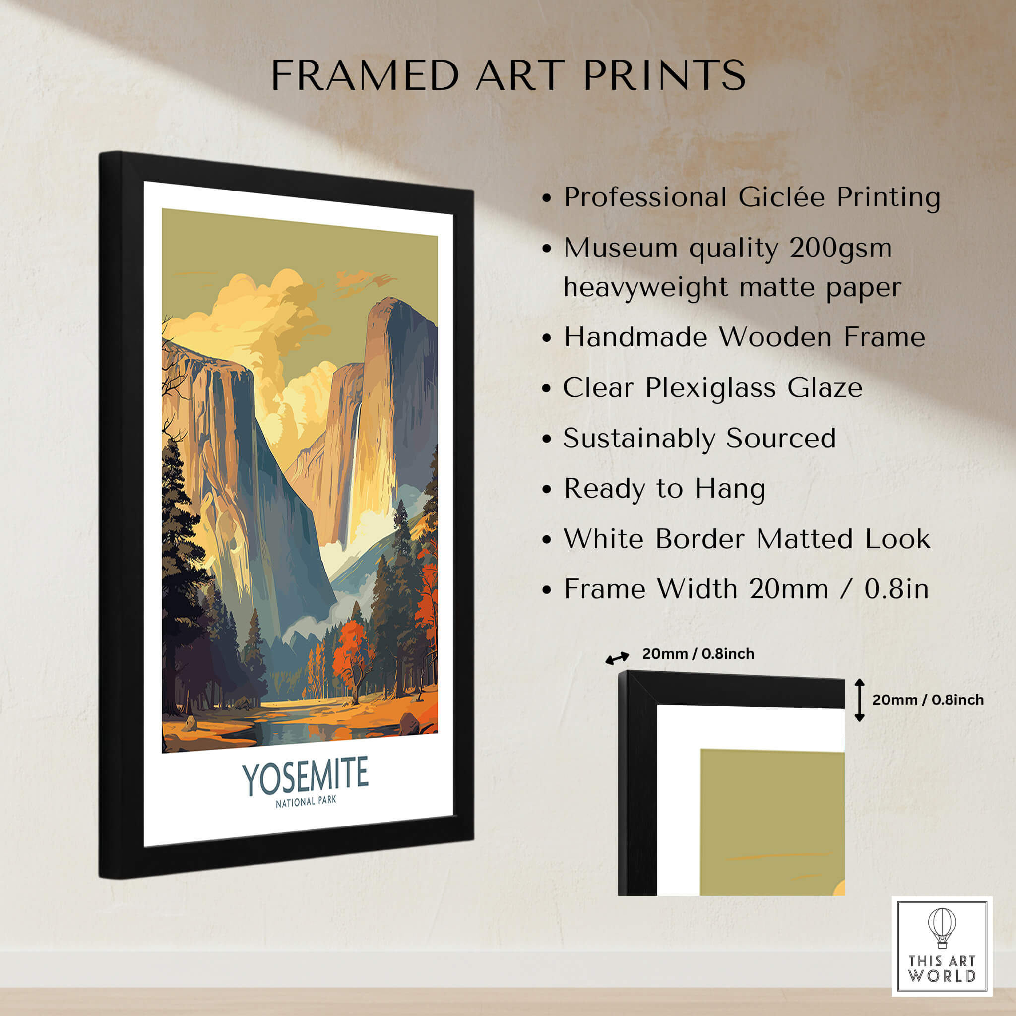 Yosemite Wall Art framed print showcasing Yosemite National Park with high-quality materials and clear plexiglass.