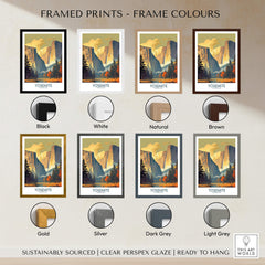 Yosemite Wall Art framed print options in various colors including black, white, natural, brown, gold, and grey.