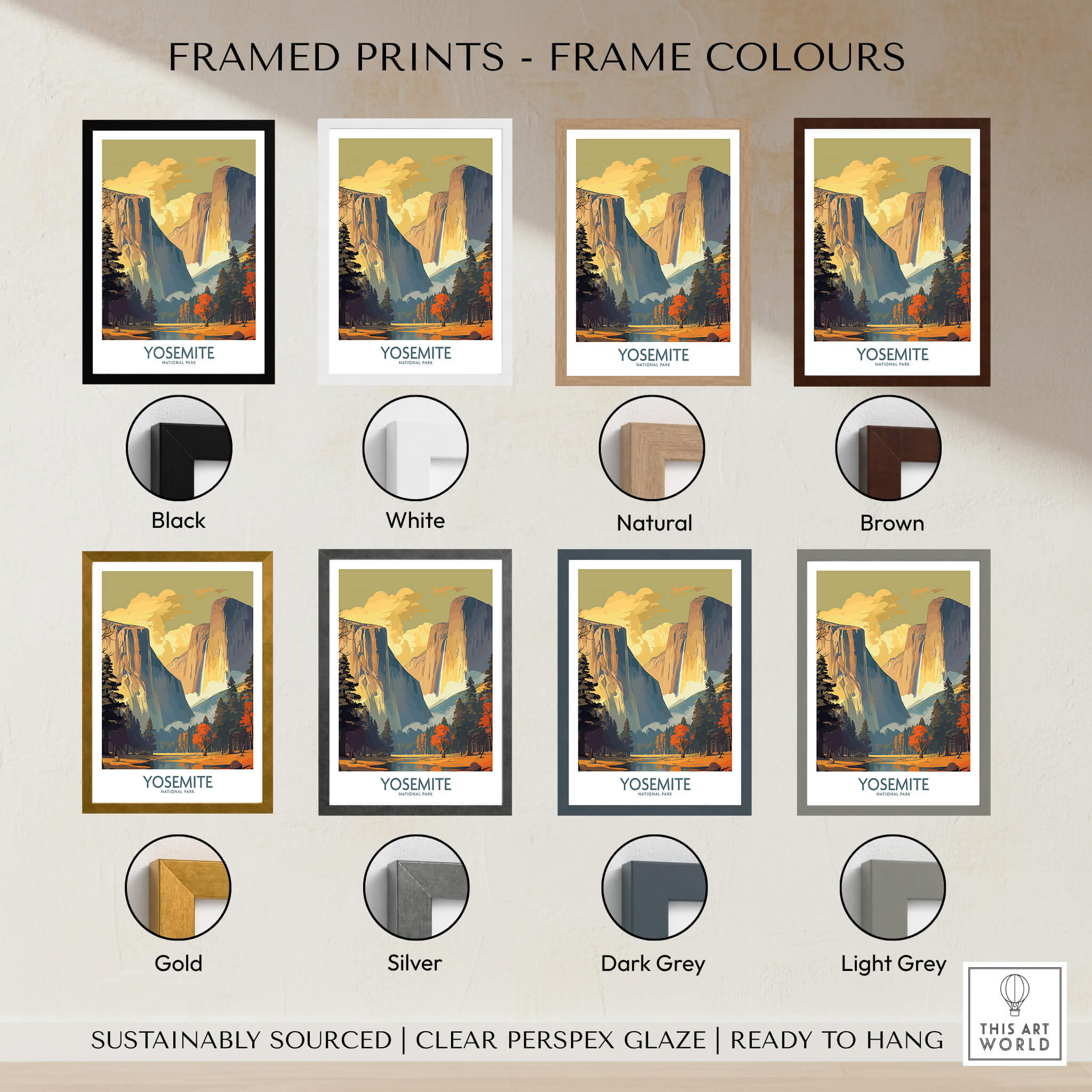 Yosemite Wall Art framed print options in various colors including black, white, natural, brown, gold, and grey.