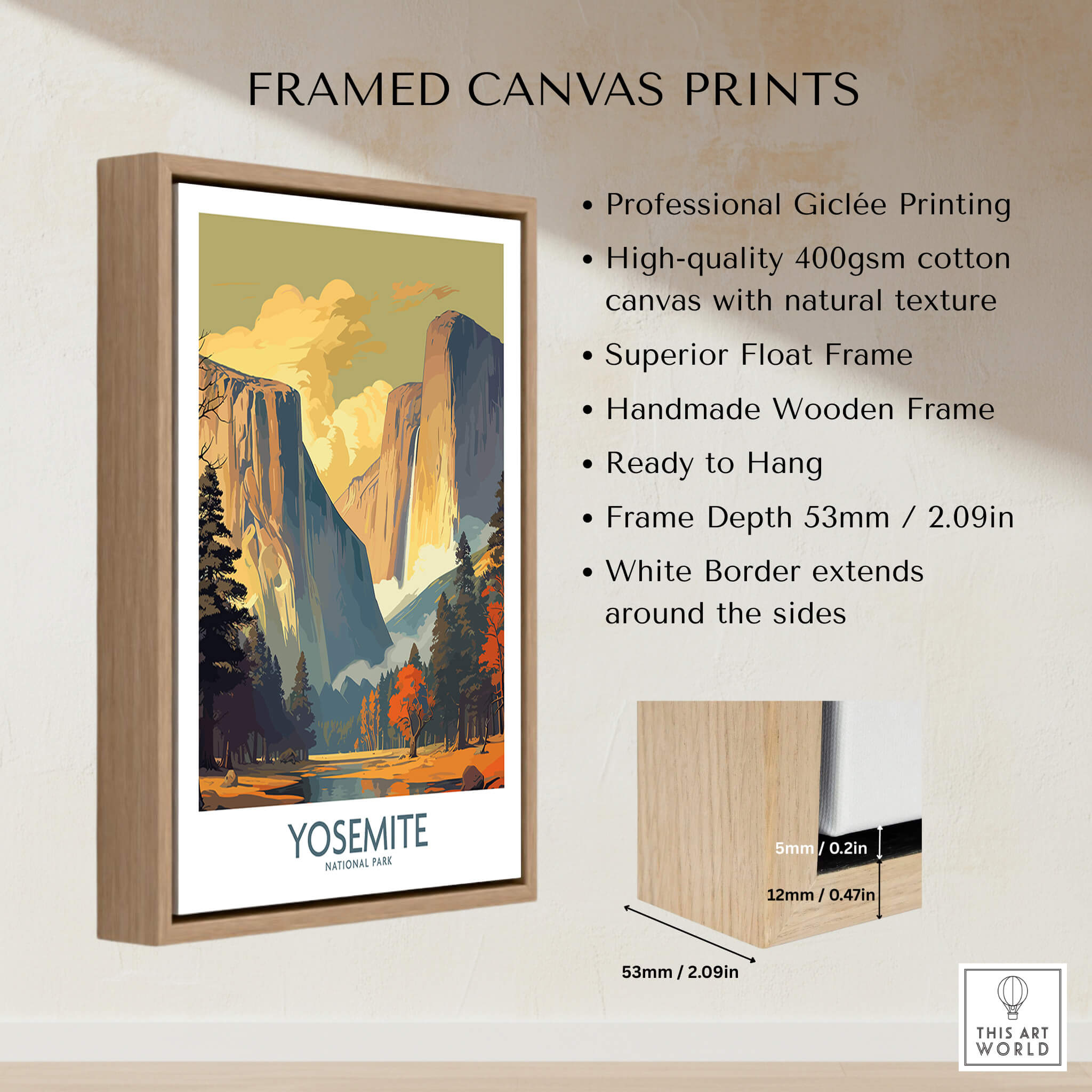 Yosemite Wall Art featuring professional giclée printing and a handmade wooden frame, ready to hang.