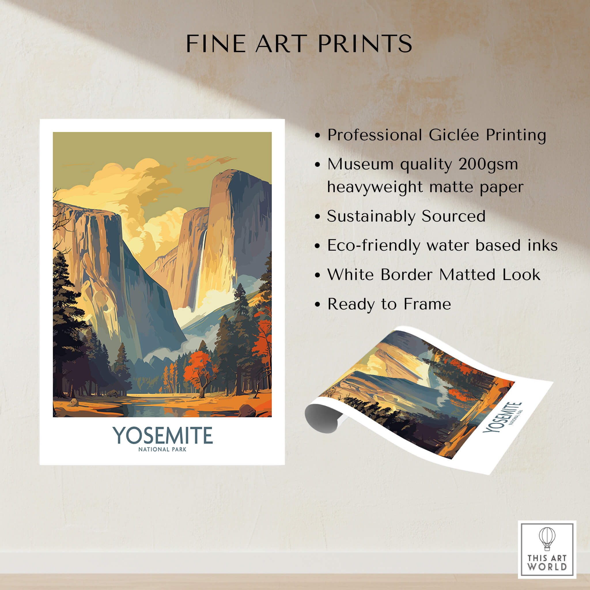 Yosemite Wall Art showcasing professional Giclée printing on museum quality paper with eco-friendly inks.