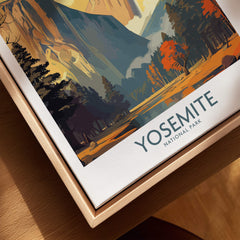 Yosemite Wall Art featuring vibrant colors and natural landscape of Yosemite National Park in a wooden frame.