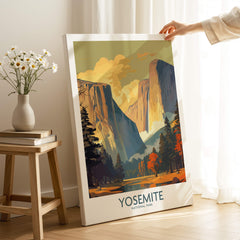 Yosemite Wall Art featuring stunning landscape illustration of Yosemite National Park in a bright living room setting.